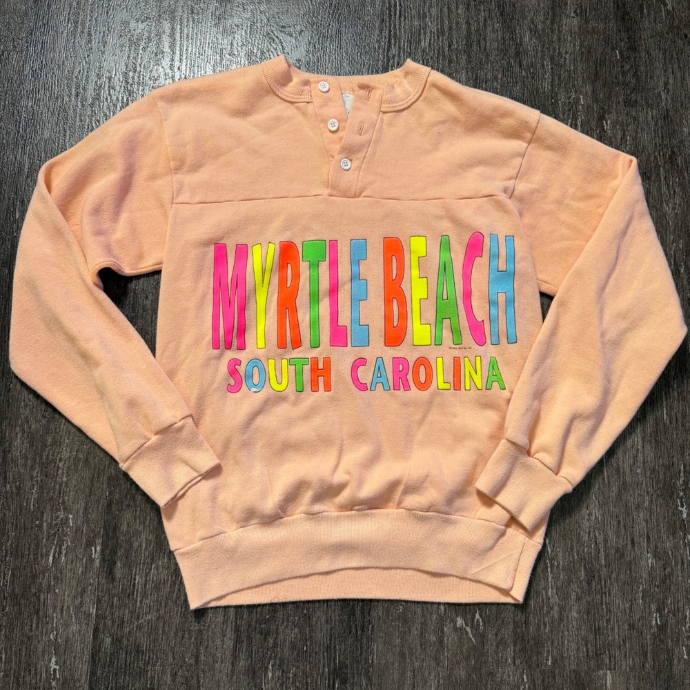 A Smile Inc. Henley Sweatshirt Women Medium Peach 1990 Myrtle Beach Vintage Neon